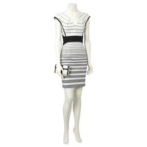 karen millen • folded neck blue white gray stripe structural pencil sheath dress